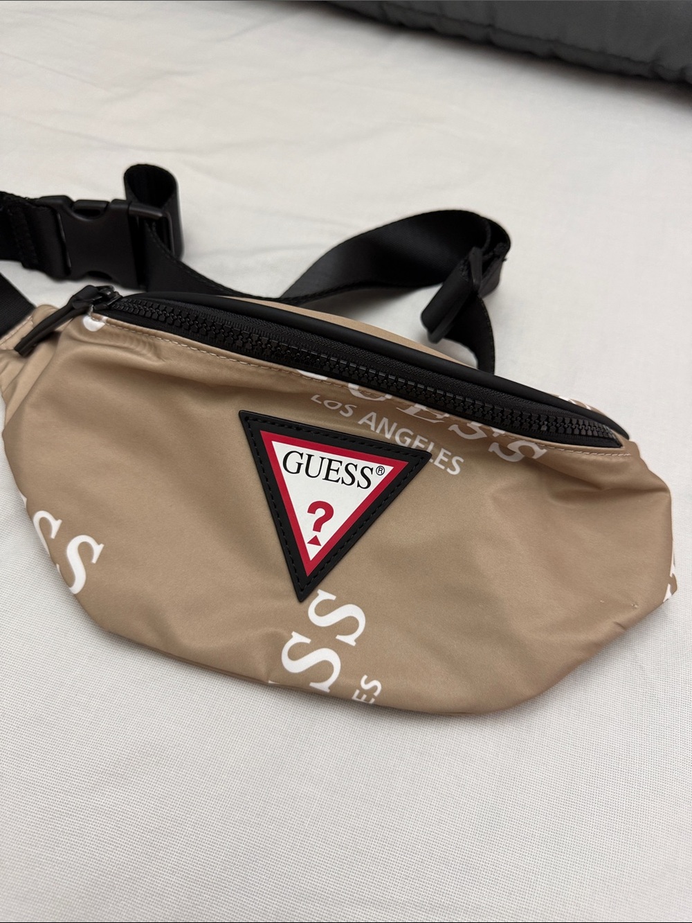 GUESS Beige Logo Belt Bag with Black Strap